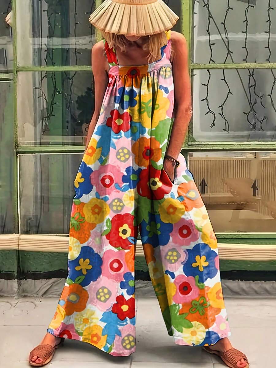 Women's Casual Bright Small Floral Print With Pockets Spring And Summer Adjustable Buckle Shoulder Strap Jumpsuit Overalls - 花色 - 查看 1