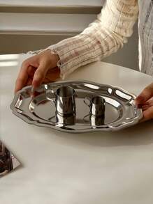 1pc Vintage French Stainless Steel Oval Tray, Retro Floral Oval Plate, Dessert Dish Tableware