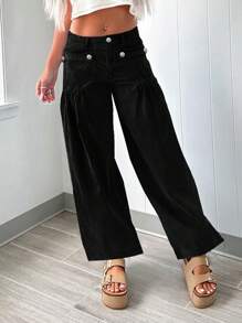 Fashion Personality Street Daily Commuter Design Sense Pleated Front Pockets Women's Denim Loose Fit Straight Leg Pants