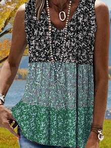 Summer New Color Block Splicing Small Floral Print Fashionable Casual Vacation Style Women's Vest - màu xanh lá - Xem 3