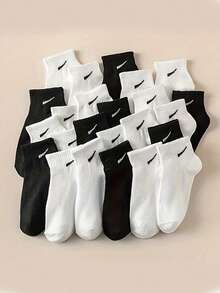 10双儿童黑白纯色休闲运动中筒袜 - 黑與白 - 查看 1