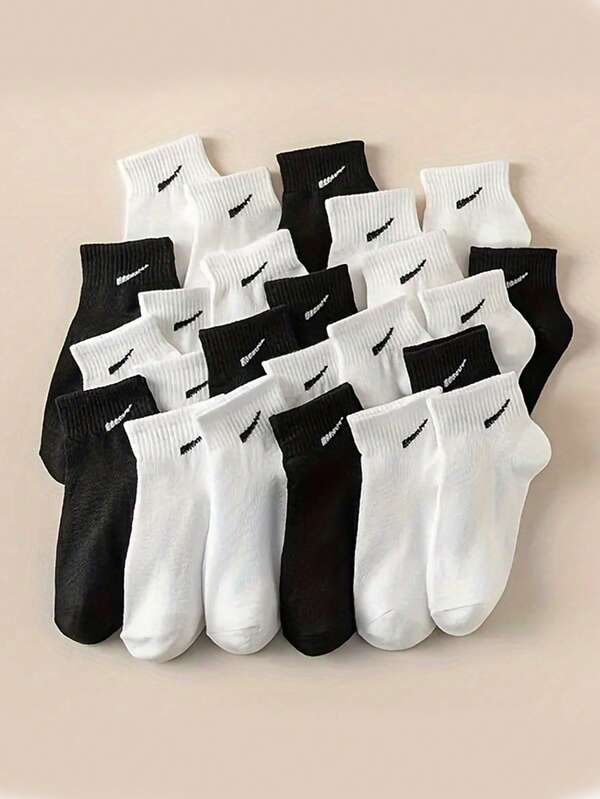 10 paires de chaussettes mi-mollet de sport décontractées de couleur unie noire et blanche pour enfants