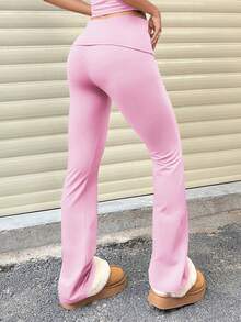 2pcs/Set Trouser Style Yoga Pants For Women Elastic Waist Gym Workout Flare Leggings Casual High Waisted Bootcut Yoga Pants - 黑色+粉紅色 - 查看 8