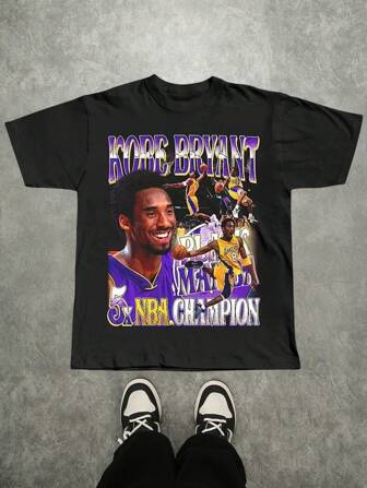 Kobe Bean High Neck Pattern T-Shirt - 220g Heavyweight 100% Cotton Loose Fit Single-Sided Print Commemorative Design Round Neck Short Sleeve Casual Top