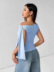 Elegant Suplex T-Shirt Top With Asymmetrical Shoulders And Straps, Ideal For Daily Use, Outings, Nightclubs, Parties, Halloween Costumes - 淺藍色 - 查看 7