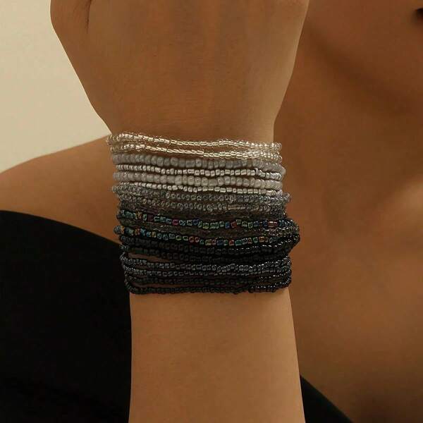 18pcs/Set Boho Black White Beaded Bracelets, Adjustable Size, Perfect For Beach Holidays & Festival Looks