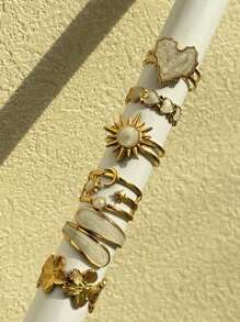 6pcs/Set Fashionable, Elegant, Unique, Exquisite, Luxury, Versatile, Charming Heart, Sun, Moon, Sunflower, Geometric Asymmetrical Glitter Drip Oil Rings Set, Suitable For Daily Wear, Festivals, Parties, Business Formal Events