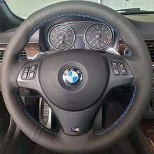 Volante de coche de cuero negro completo, funda de cuero suave trenzada para BMW E81 E90 Pack M Sport M3 E91 E92 E93 E87 E82 E88 X1 E84 - Tres hilos - Ver 2