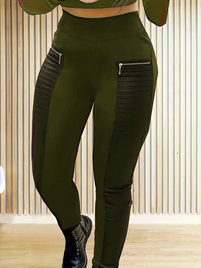 大码休闲时尚拉链细节拼布面料紧身裤，春秋季