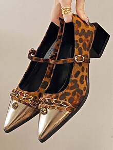 Tacones de plataforma con hebilla metálica, estampado de leopardo y bloque de color, puntera puntiaguda, estilo coreano de tacón alto, tacones medios tipo Mary Jane para mujer