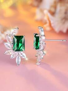 1pc Simple Sea Blue Rectangular Shape Cubic Zirconia Leaf Shaped Elegant Earring For Women, Suitable For Wedding, Engagement, And Daily Accessories