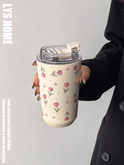 1 件粉色心形郁金香 280ml/380ml 双层不锈钢保温杯、杯子、水瓶，适用于健身房、办公室、家居、户外、旅行、节日礼物、毕业典礼、返校、母亲节