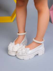 1 双女童春秋新款皮靴，蝴蝶和珍珠装饰，简约甜美公主鞋，软底舒适平底学生鞋，女童乐福鞋适合户外、派对、舞会 - 白色 - 查看 6