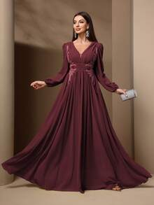 Vestido feminino com decote em V, manga comprida, cintura justa, verão - Borgonha - Ver 3
