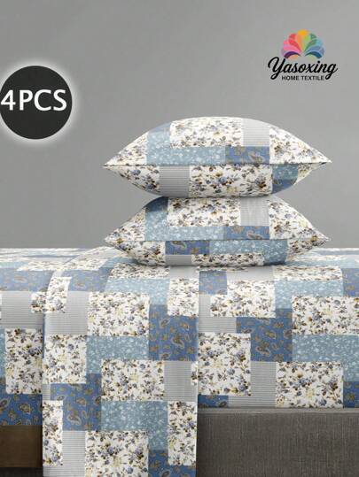 4pcs/Set Blue Paisley Leaves Flower Pattern Sheet Set Easy Care Microfiber Soft Bedding Set Floral Fitted Sheet Set (1pc Flat Sheet+1pc Fitted Sheet+2pcs Pillowcases) Fitted Sheet Set King Queen Full TWIN SIZE Sheet Deep Pocket Up To 11.8 Inch Pillowcase, Soft Breathable Wrinkle-Free Better For Sleep, Luxury Hotel Style, Gift For Mom Dad Friend Domitory Bedding Back School Bedding