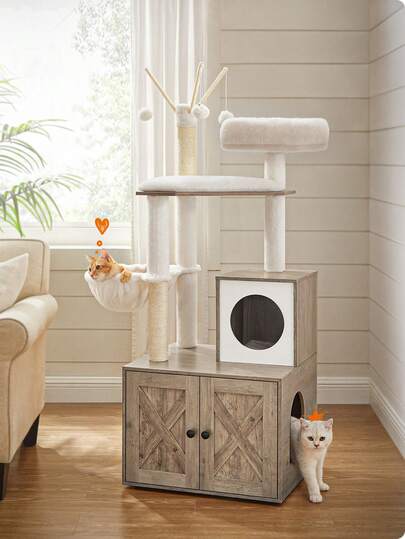 Feandrea WoodyWonders Cat Tree With Litter Box Enclosure, 2-In-1 Modern Cat Tower, Cat Condo With Scratching Posts, Removable Pompom Sticks, Washable Cushions, Greige