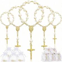 30件/包洗礼礼品套装，亚克力洗礼念珠配人造珍珠和欧根纱袋，适合作为洗礼派对礼物（金色珍珠手链） - 彩色 - 查看 2