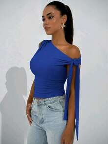Elegant Suplex T-Shirt Top With Asymmetrical Shoulders And Straps, Ideal For Daily Use, Outings, Nightclubs, Parties, Halloween Costumes - Xanh đậm - Xem 4
