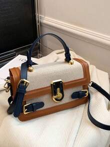 Retro Women's Crossbody Bag - Vintage Spliced Messenger Purse With Square Metal Buckle - 藏蓝色 - 查看 3