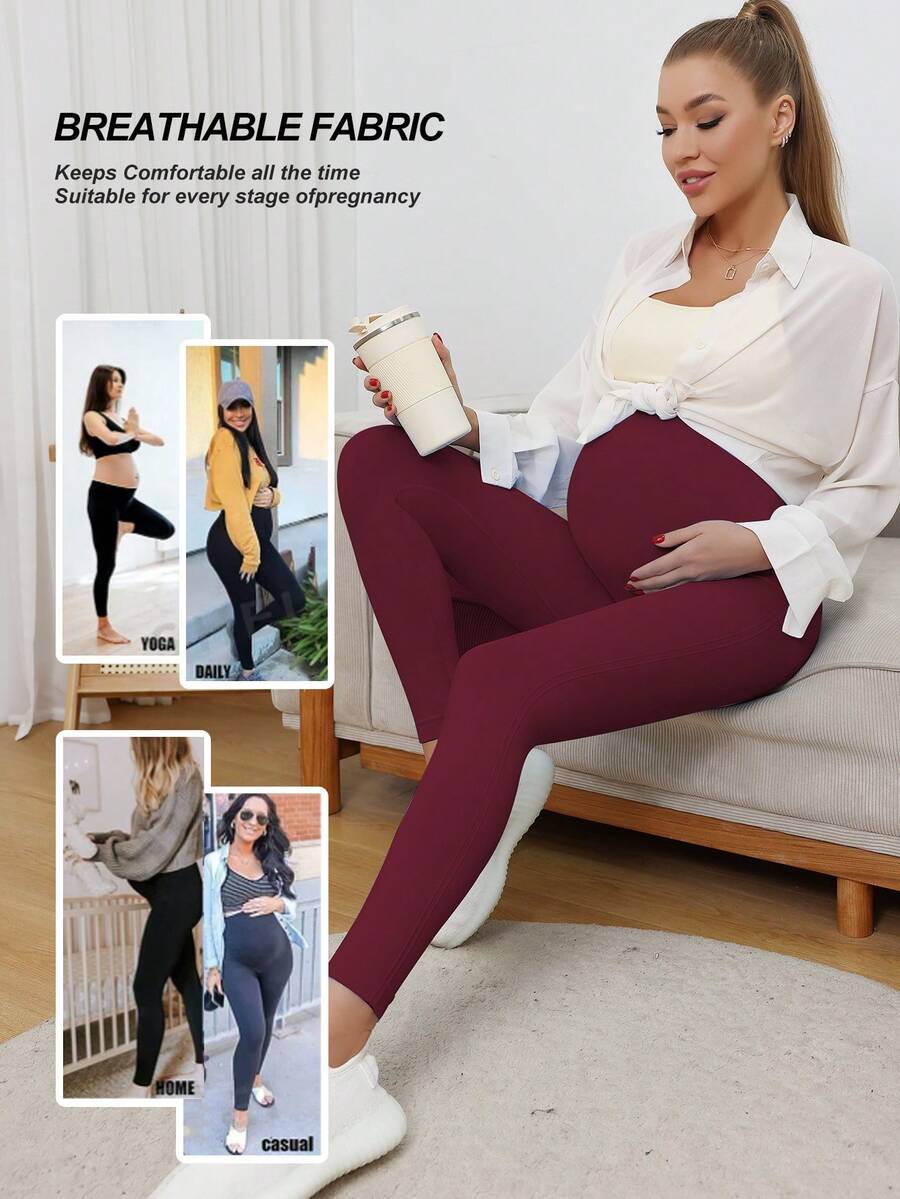 Maternity High Waist Seamless Elastic Solid Color Leggings, Suitable For Casual Daily Wear Spring - Burgundy - View 1