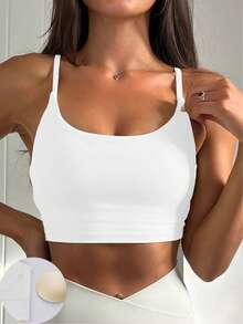 ATTRACO Women Sports Bra Yoga Solid Color Crew Neck Camisole Removable Padded Sleeveless Fitness Tank Top - White - View 7
