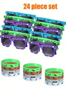 1 set di 24 articoli per feste, inclusi 12 occhiali da gioco e 12 braccialetti, perfetti come regali per feste di compleanno, decorazioni per feste e regali per giocatori adulti in stile cartoni animati, set di occhiali per feste di Ognissanti/Natale, forniture per feste, accessori per foto