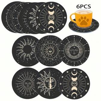 6pcs Black & Gold Sun & Moon Wooden Coasters - Heat Resistant, Suitable For Home, Afternoon Tea & Coffee - Ideal Christmas & Halloween Gift, 6pcs/Set, 1800pcs/300sets