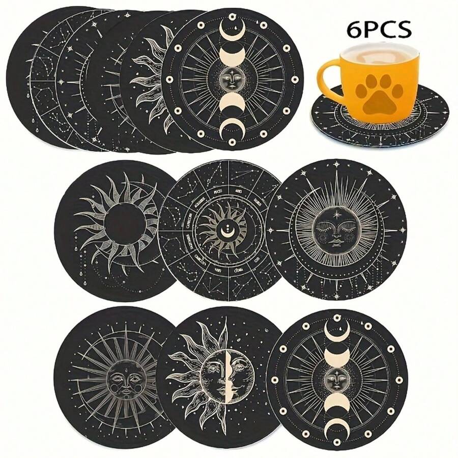 6pcs Black & Gold Sun & Moon Wooden Coasters - Heat Resistant, Suitable For Home, Afternoon Tea & Coffee - Ideal Christmas & Halloween Gift, 6pcs/Set, 1800pcs/300sets - Multicolor - View 1