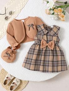3 件套女婴套装：卡其色短开衫、米色格子无袖连衣裙、卡其色斜挎包，秋冬 - 棕色 - 查看 1