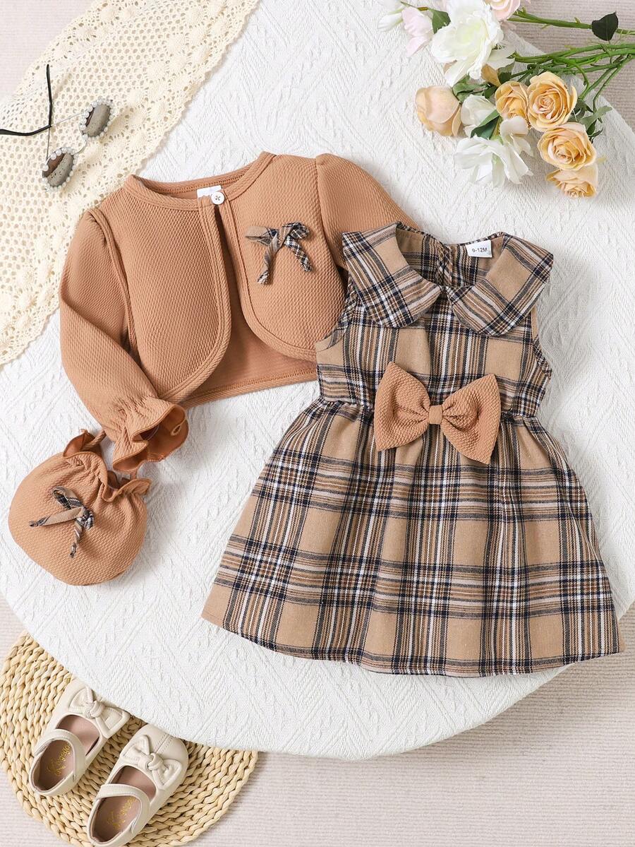 3 件套女婴套装：卡其色短开衫、米色格子无袖连衣裙、卡其色斜挎包，秋冬 - 棕色 - 查看 1