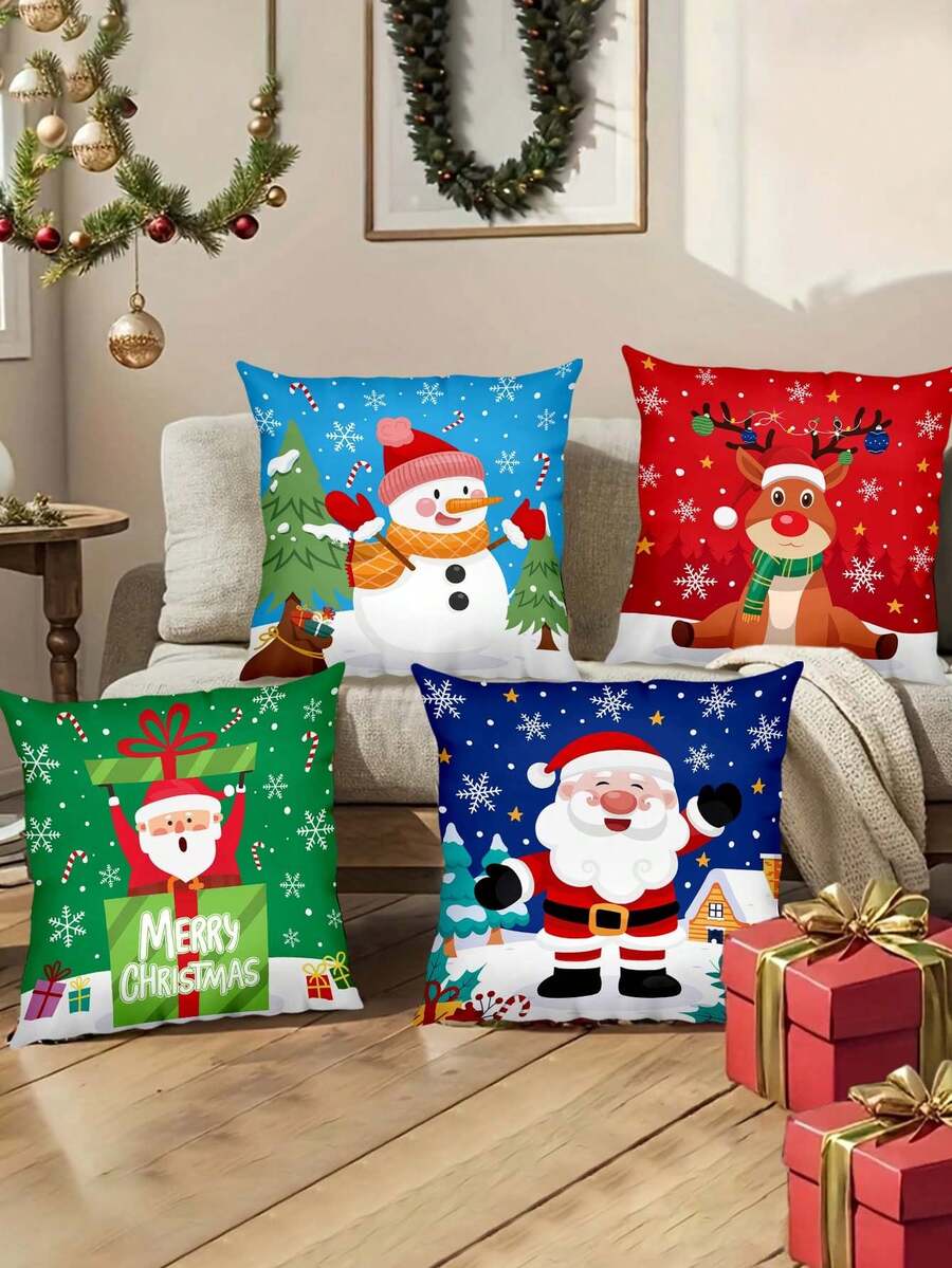 45*45cm Cute Cartoon Christmas Reindeer, Santa Claus, Snowman Pattern Decorative Pillow Cover, Christmas Decoration For Indoor And Outdoor Party, Living Room, Bedroom, Sofa (No Pillow Insert) - Multicolor - View 1