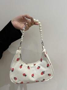 时尚草莓珍珠单肩包、新月形手提包、托特包、沙滩包、休闲草编包、女士手机袋 - 米色 - 查看 2