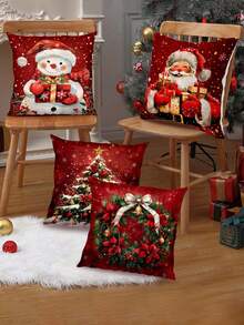 4 件圣诞雪人、圣诞老人、圣诞树、花环装饰枕套，45 * 45 厘米，适合室内和室外派对、客厅和卧室沙发的圣诞装饰，（无枕芯）