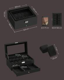 Watch Box, Watch Case With Glass Lid, 2-Tier Watch Display Case For 12 Watches, Lockable, 1 Drawer, For Rings, Bracelets, Gift Idea, Black Synthetic Leather, Black Lining Back To School Dormitory Storage - Black + Black - View 4