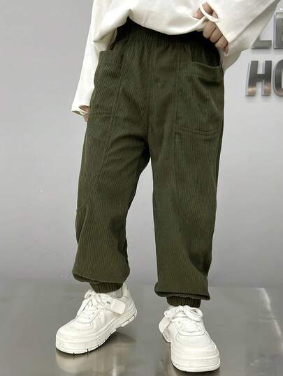 男童橄榄绿色灯芯绒面料抽绳裤，带大口袋，时尚条纹设计休闲裤