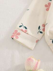 Baby Girl Apricot Floral Print Pink Ruffle Collar Outfit, Including Straight Leg Pink Ribbed Long Pants, Autumn/Winter