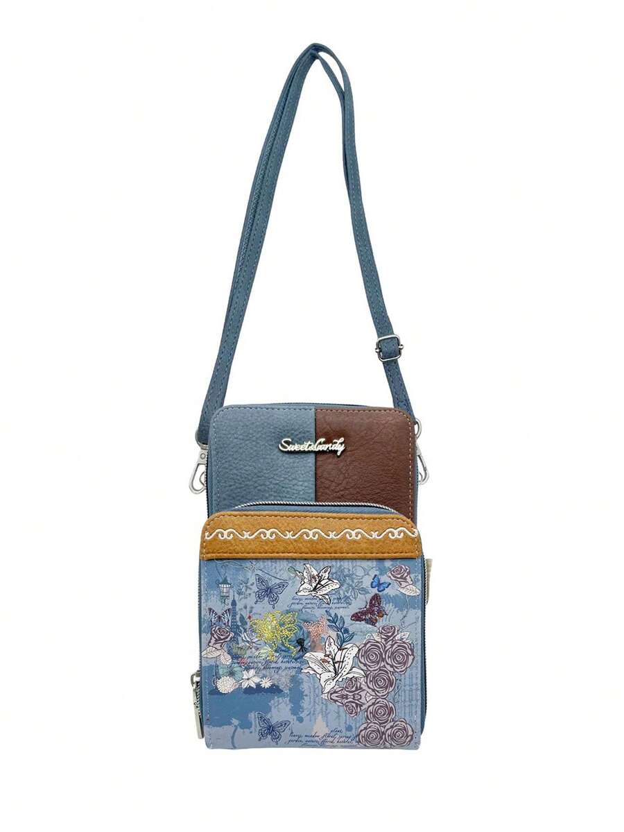 Sweet & Candy Women's Fashion Crossbody Bag, PU Leather, Cute Cartoon Prints, Butterfly, Best Selling, Original Design, Lightweight, Travel, School, Commute, Vintage, College Style, Elegant, Commuter - Bleu (Blue) - View 1