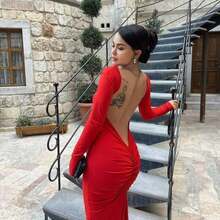 BARE BACK MIDI DRESS, LONG SLEEVE, NO PADDING, BUMP LIFT DETAIL, FOREIGN FASHION, SLIT - Red - View 1