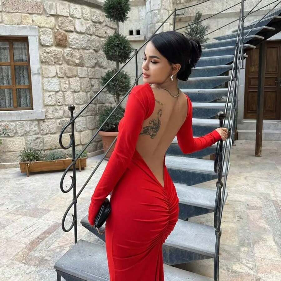 BARE BACK MIDI DRESS, LONG SLEEVE, NO PADDING, BUMP LIFT DETAIL, FOREIGN FASHION, SLIT - Red - View 1