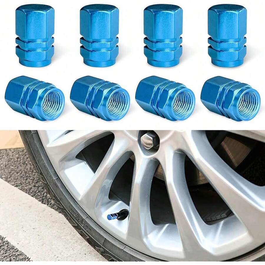 New-  8 PCS Car Tire Vae Stem Caps, Aluminum Alloy Wheel Vae Covers  Rubber O-Ring, Corrosion Ristant Leak-Proof Tire Air Cap T, Universal For SUV, Truck, Motorcycle, Bike (Light Blue)