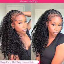 Uveous Kinky Curly Half Wig Human Hair 200 Density 3 In 1 Seamless Flip Over Half Wigs Human Hair Glueless Wear And Go Beginner Friendly Kinky Curly Wig Human Hair Drawstring Headband Wig For Women 20 Inch - Natural Black - View 3
