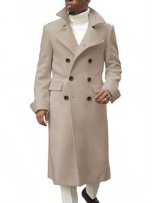Men's Notch Lapel Double Breasted Long Trench Coat Casual Cotton Blend Peacoathalloween - 米色 - 查看 9