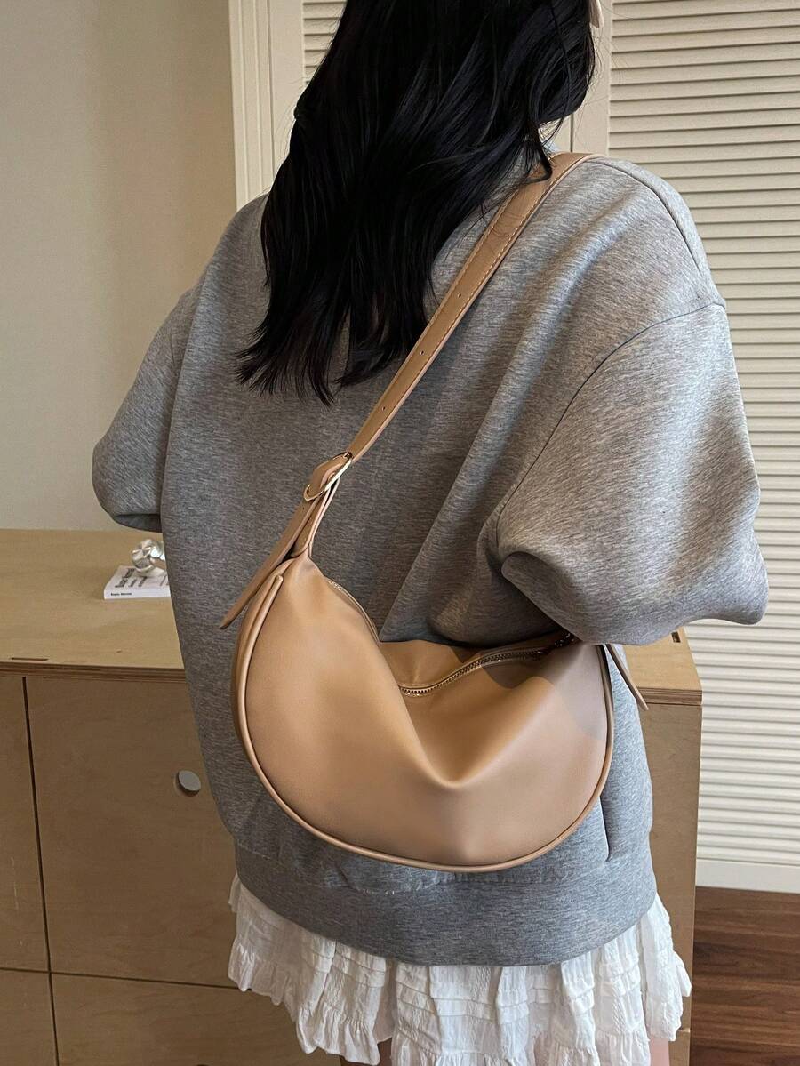 Túi đeo chéo yên xe thời trang giản dị dung tích lớn đa năng thiết kế tối giản màu trơn khóa kéo, túi đựng đồ đi làm