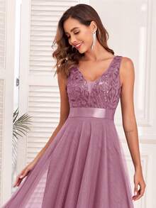 V-Neck Mesh A-Line Ball Gown Dress For Summer, Bridesmaid Dress, Guest Dress For Formal Weddings, Graduation Ceremony, Evening Banquets