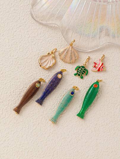 1 Peça Pingente de Peixe Pequeno Colorido, Pingente de Peixe Fada Tartaruga Verde, Pingente em Formato de Concha, Banhado a Ouro 18K, Adequado para DIY de Colares, Pulseiras, Brincos, Chaveiros, Correntes de Bolsa, Acessórios de Joalheria Feminina, Acessórios DIY