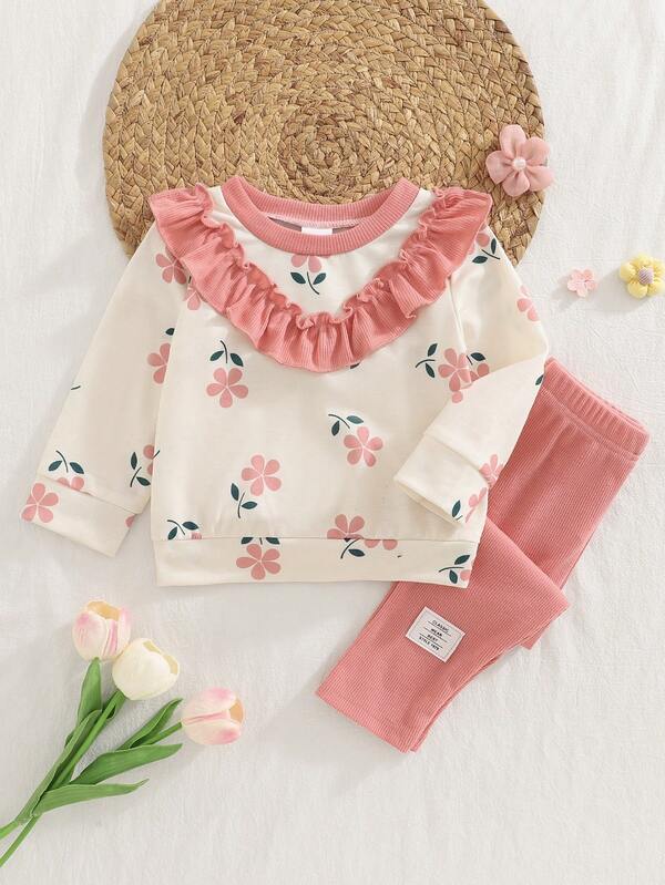 Baby Girl Apricot Floral Print Pink Ruffle Collar Outfit, Including Straight Leg Pink Ribbed Long Pants, Autumn/Winter