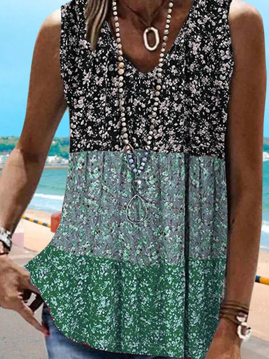 Summer New Color Block Splicing Small Floral Print Fashionable Casual Vacation Style Women's Vest - màu xanh lá - Xem 1