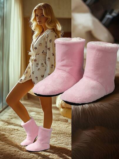 New Thermal Lined Mid-Calf Slippers, Couple Style, Thick Soft Bottom, Comfortable & Warm, Non-Slip, Suitable For Indoor, Postpartum, Slip-On, Plus Size