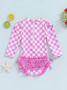 Girls Bikini Beach Swimwear Long Sleeve Checkerboard Print Ruffle Romper Bathing Suit - Rosa - Ver 6