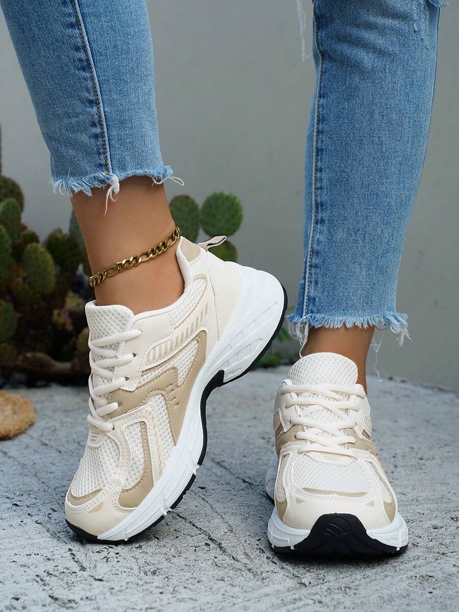 Soft Leather Thick-Soled Height-Enhancing Sneakers, Women's Breathable Mesh 2025 Spring, Summer And Autumn New Casual Running Shoes, Music Festival Millennial Style Back To School Must-Have - 米色 - 查看 1